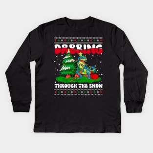 Dabbing Through The Snow T-Rex Dinosaur Christmas Lights Dabbing Dinosaur Kids Long Sleeve T-Shirt